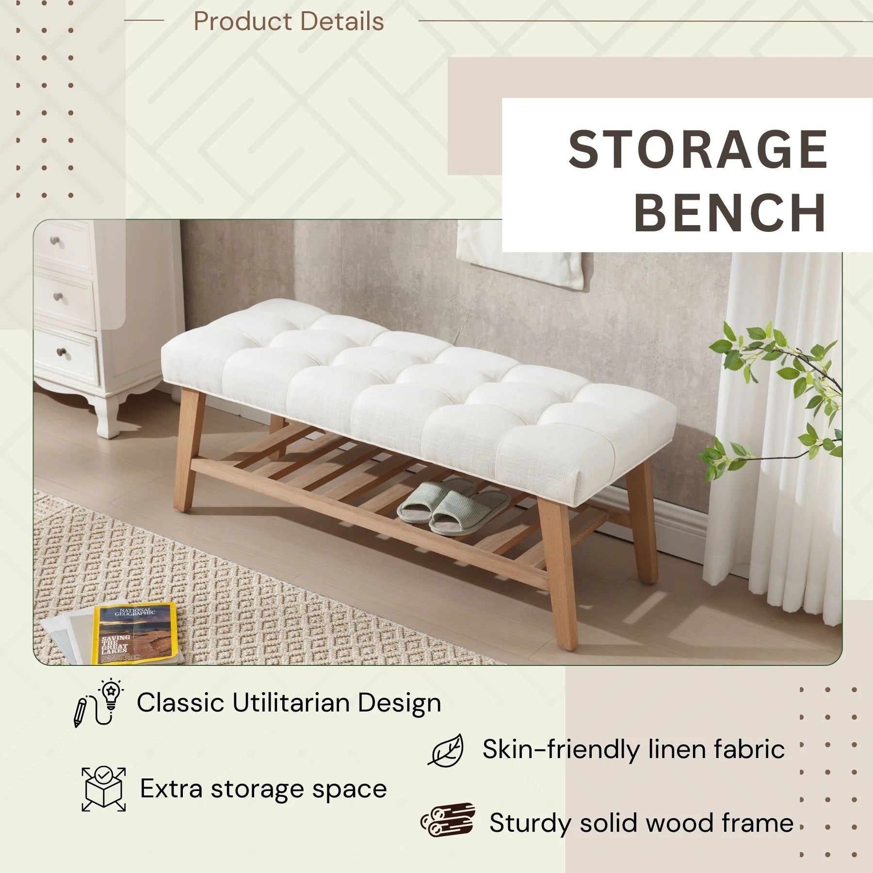 Dayalane Upholstered Storage Bench with Shoe Rack, Linen Fabric Entryway Bench for Living Room, Bedroom and Hallway, Multi Functional Ottoman with Solid Wood Shelf, Beige
