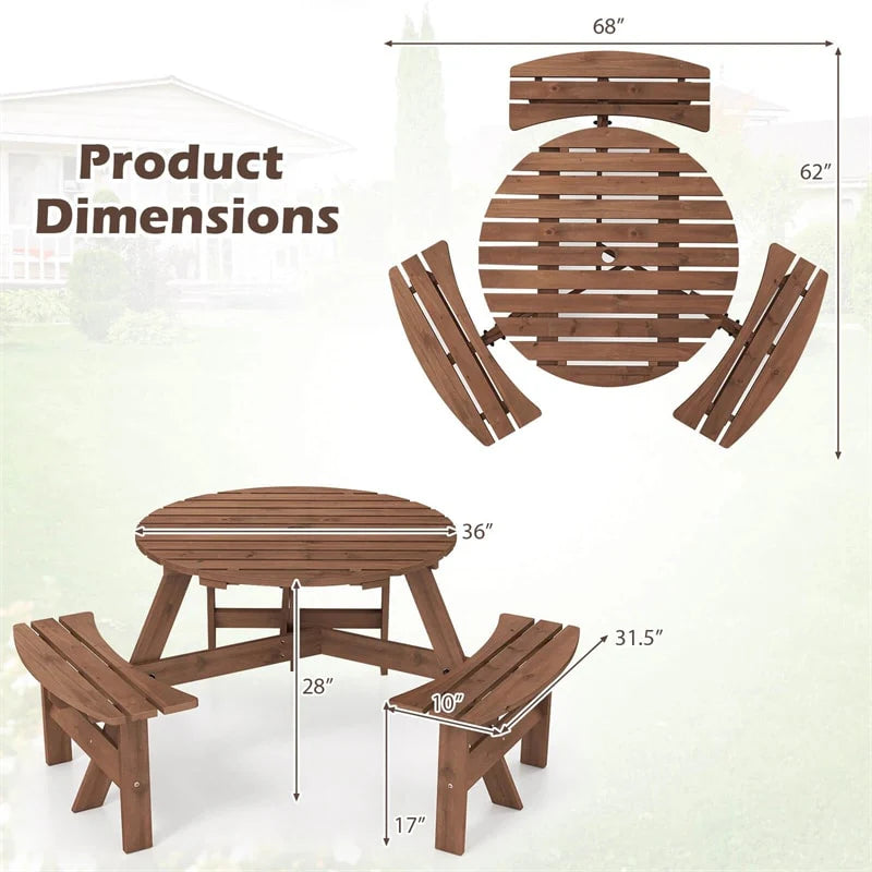 6-Person Round Wood Picnic Table Set with 3 Built-in Benches & 2" Umbrella Hole, Holds 1850 LBS, Outdoor Dining Table & Bench for Patio Garden