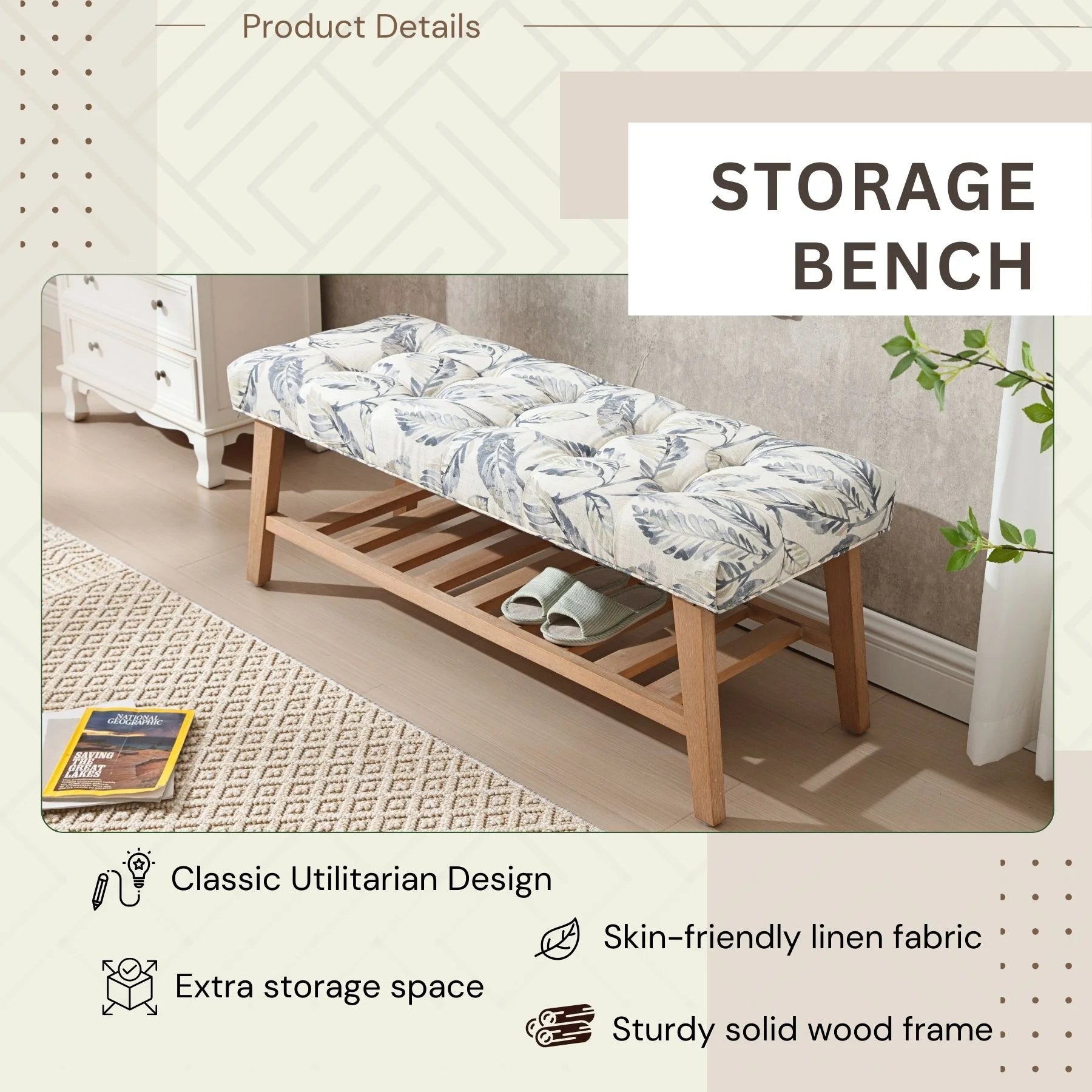 Dayalane Upholstered Storage Bench with Shoe Rack, Linen Fabric Entryway Bench for Living Room, Bedroom and Hallway, Multi Functional Ottoman with Solid Wood Shelf, Beige