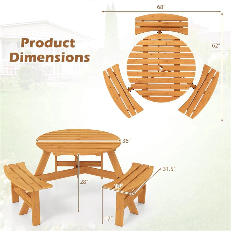 6-Person Round Wood Picnic Table Set with 3 Built-in Benches & 2" Umbrella Hole, Holds 1850 LBS, Outdoor Dining Table & Bench for Patio Garden