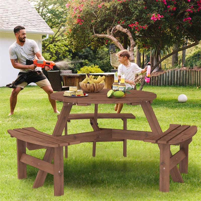 6-Person Round Wood Picnic Table Set with 3 Built-in Benches & 2" Umbrella Hole, Holds 1850 LBS, Outdoor Dining Table & Bench for Patio Garden