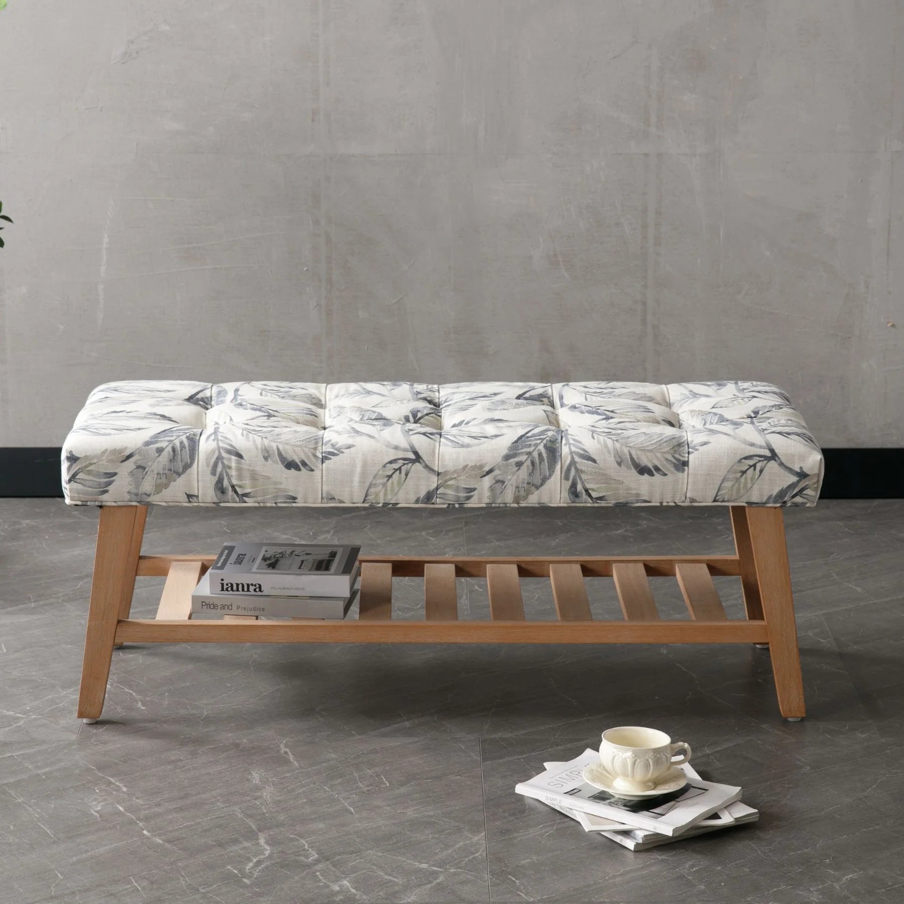 Dayalane Upholstered Storage Bench with Shoe Rack, Linen Fabric Entryway Bench for Living Room, Bedroom and Hallway, Multi Functional Ottoman with Solid Wood Shelf, Beige