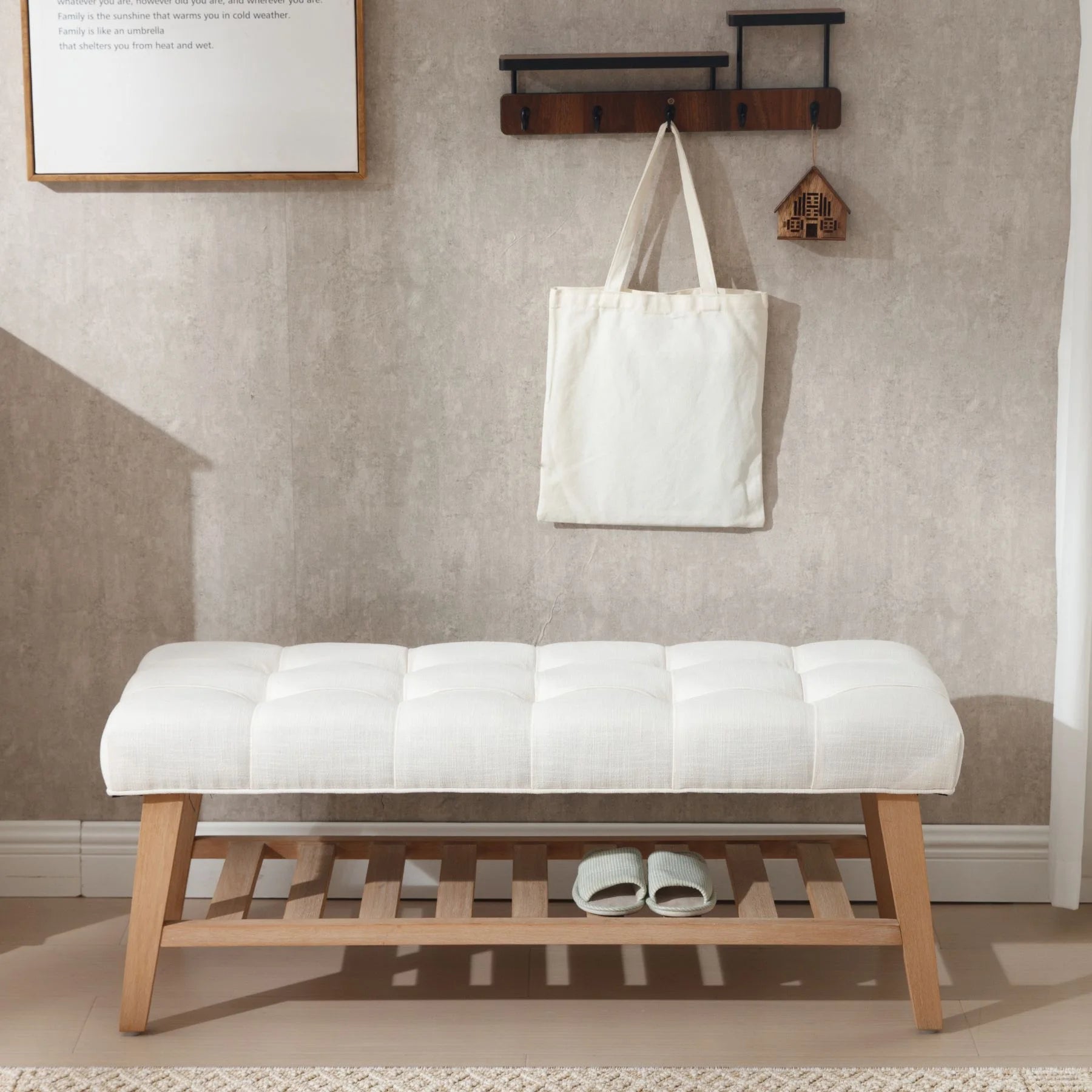 Dayalane Upholstered Storage Bench with Shoe Rack, Linen Fabric Entryway Bench for Living Room, Bedroom and Hallway, Multi Functional Ottoman with Solid Wood Shelf, Beige