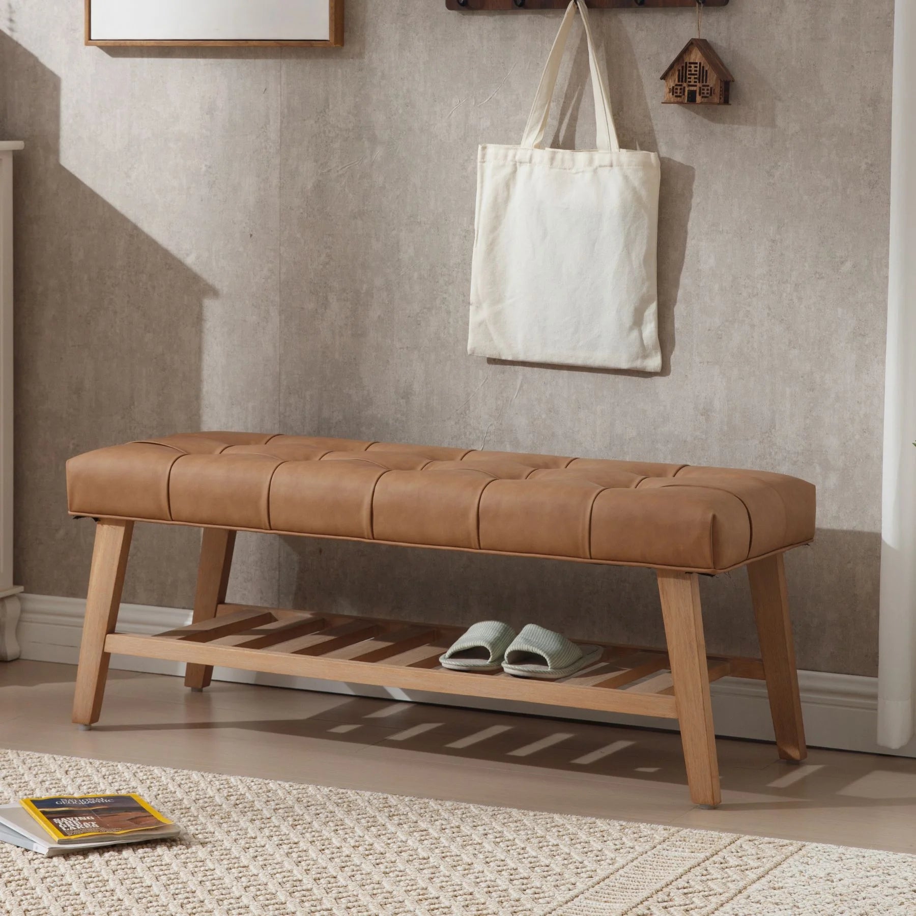 Dayalane Upholstered Storage Bench with Shoe Rack, Linen Fabric Entryway Bench for Living Room, Bedroom and Hallway, Multi Functional Ottoman with Solid Wood Shelf, Beige