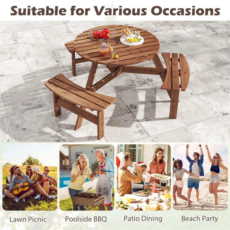 6-Person Round Wood Picnic Table Set with 3 Built-in Benches & 2" Umbrella Hole, Holds 1850 LBS, Outdoor Dining Table & Bench for Patio Garden