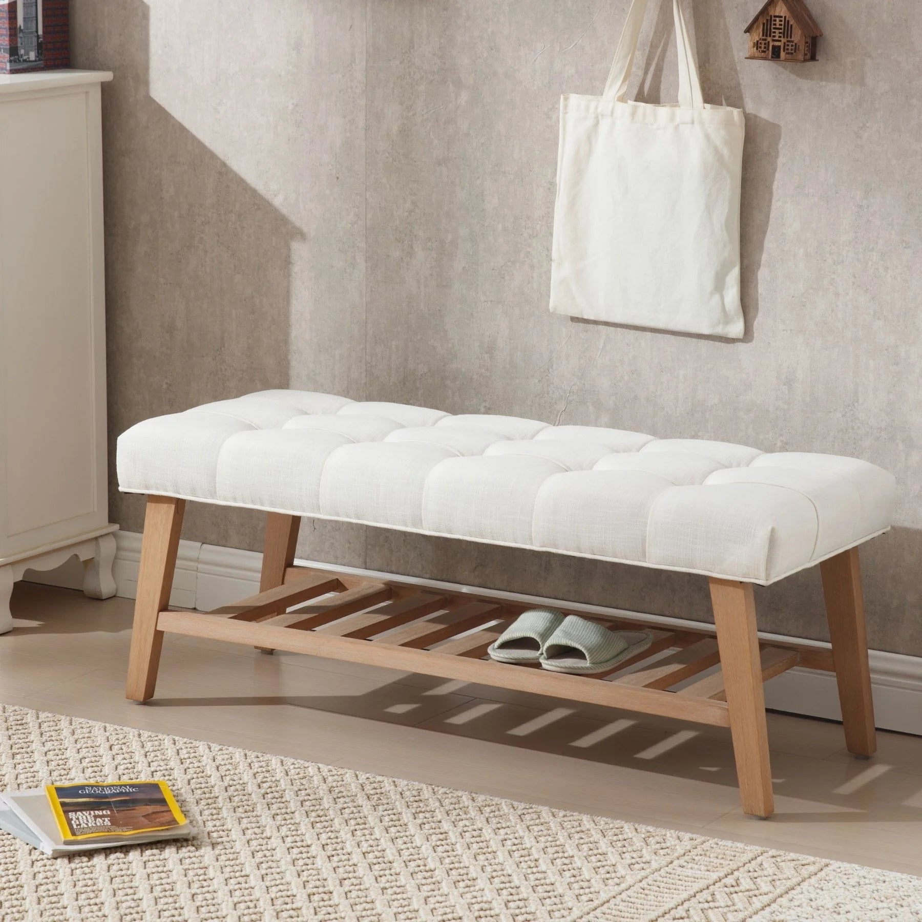 Dayalane Upholstered Storage Bench with Shoe Rack, Linen Fabric Entryway Bench for Living Room, Bedroom and Hallway, Multi Functional Ottoman with Solid Wood Shelf, Beige