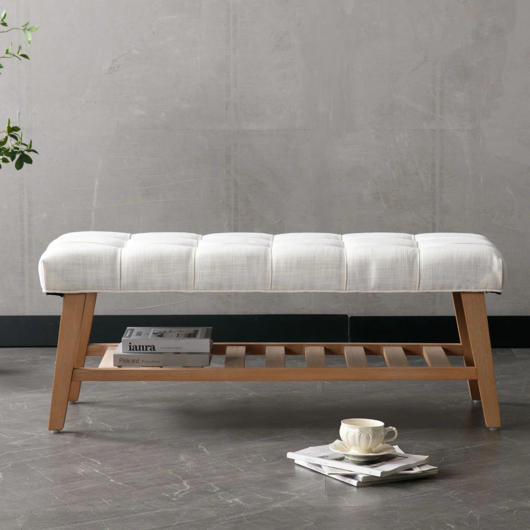 Dayalane Upholstered Storage Bench with Shoe Rack, Linen Fabric Entryway Bench for Living Room, Bedroom and Hallway, Multi Functional Ottoman with Solid Wood Shelf, Beige