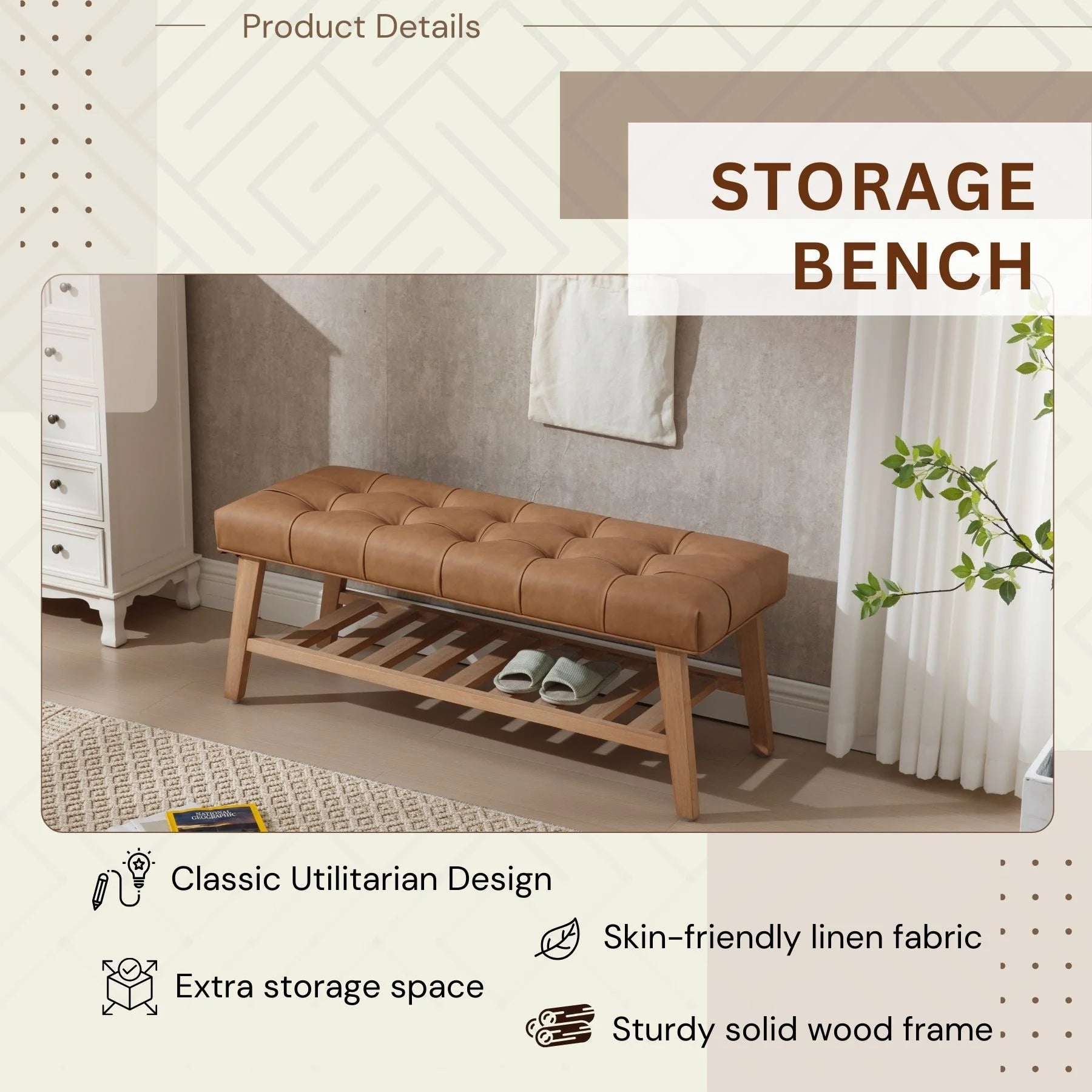 Dayalane Upholstered Storage Bench with Shoe Rack, Linen Fabric Entryway Bench for Living Room, Bedroom and Hallway, Multi Functional Ottoman with Solid Wood Shelf, Beige