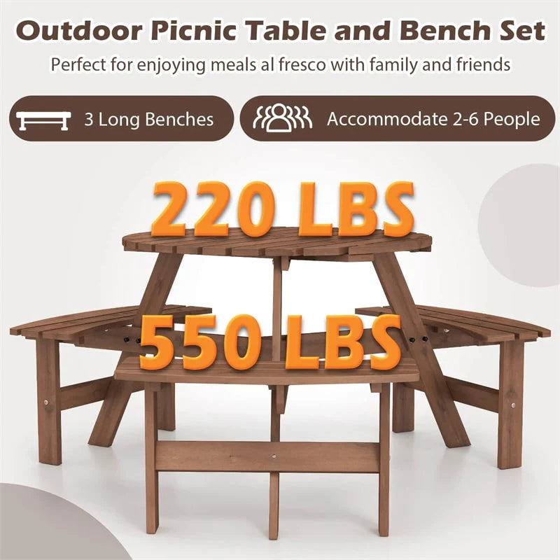 6-Person Round Wood Picnic Table Set with 3 Built-in Benches & 2" Umbrella Hole, Holds 1850 LBS, Outdoor Dining Table & Bench for Patio Garden