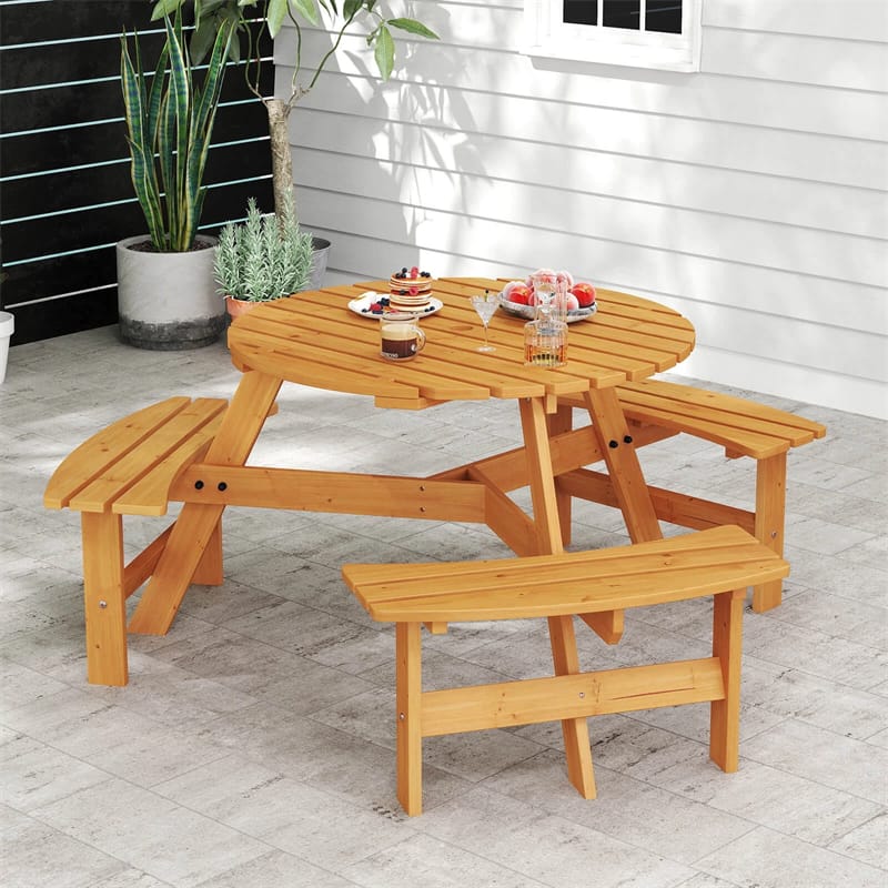 6-Person Round Wood Picnic Table Set with 3 Built-in Benches & 2" Umbrella Hole, Holds 1850 LBS, Outdoor Dining Table & Bench for Patio Garden
