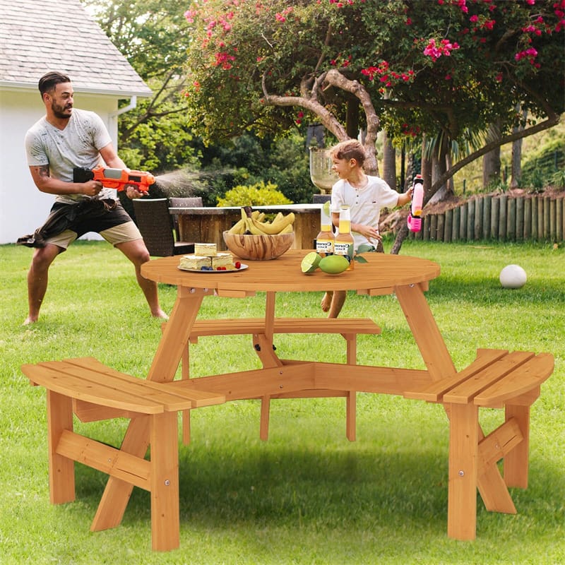 6-Person Round Wood Picnic Table Set with 3 Built-in Benches & 2" Umbrella Hole, Holds 1850 LBS, Outdoor Dining Table & Bench for Patio Garden
