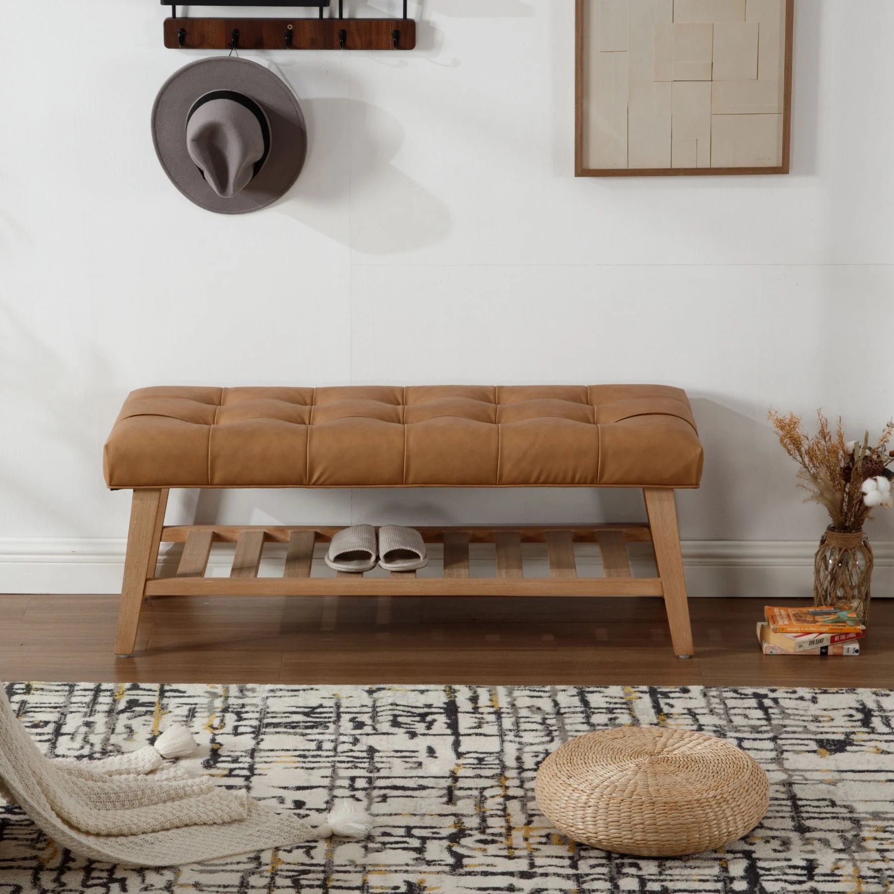Dayalane Upholstered Storage Bench with Shoe Rack, Linen Fabric Entryway Bench for Living Room, Bedroom and Hallway, Multi Functional Ottoman with Solid Wood Shelf, Beige