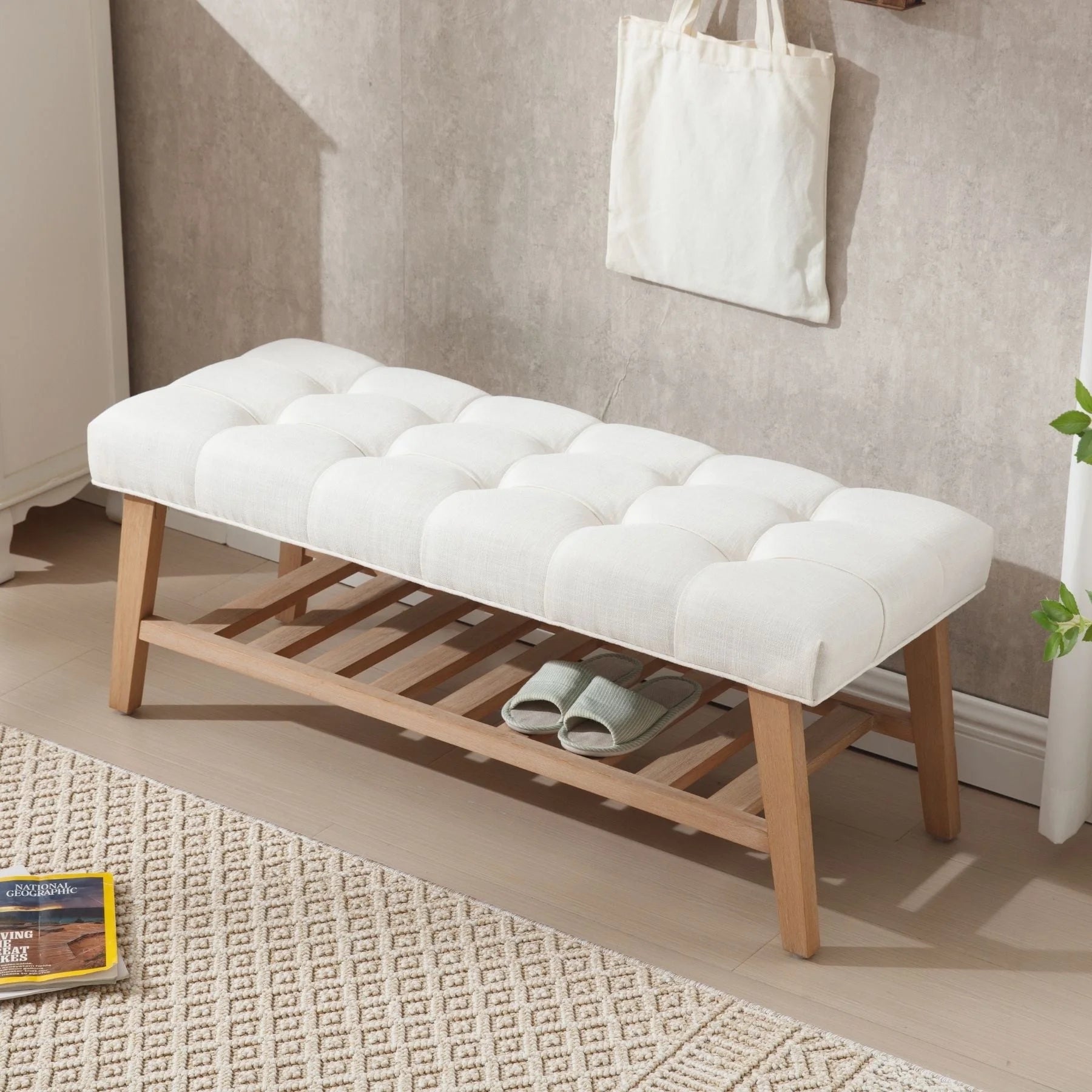 Dayalane Upholstered Storage Bench with Shoe Rack, Linen Fabric Entryway Bench for Living Room, Bedroom and Hallway, Multi Functional Ottoman with Solid Wood Shelf, Beige