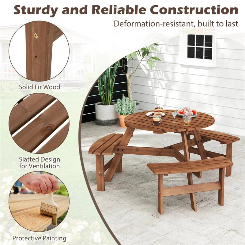 6-Person Round Wood Picnic Table Set with 3 Built-in Benches & 2" Umbrella Hole, Holds 1850 LBS, Outdoor Dining Table & Bench for Patio Garden