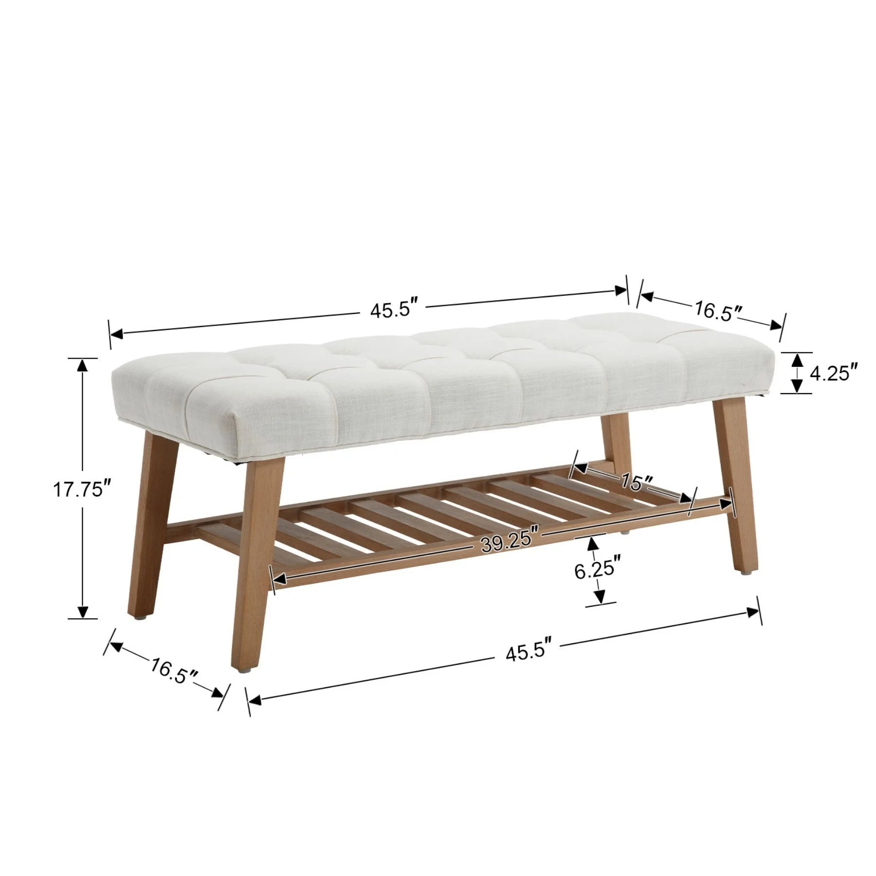 Dayalane Upholstered Storage Bench with Shoe Rack, Linen Fabric Entryway Bench for Living Room, Bedroom and Hallway, Multi Functional Ottoman with Solid Wood Shelf, Beige